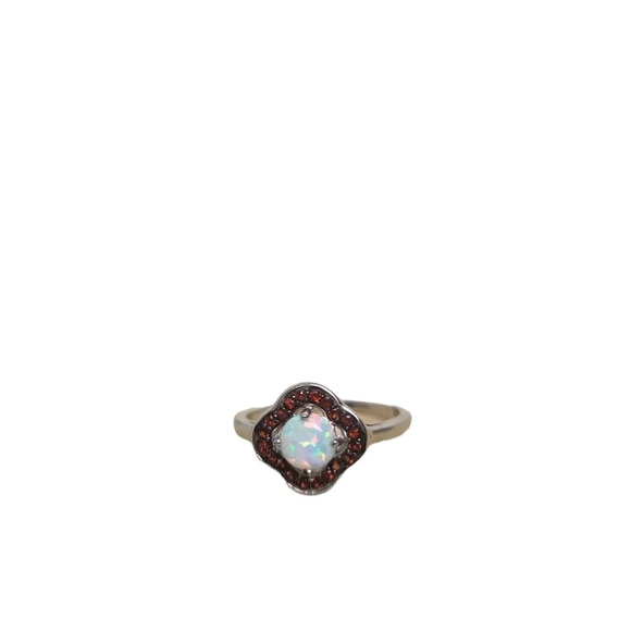 Sterling Silver Garnet Created White Opal Flower Ring - Picture 5 of 16